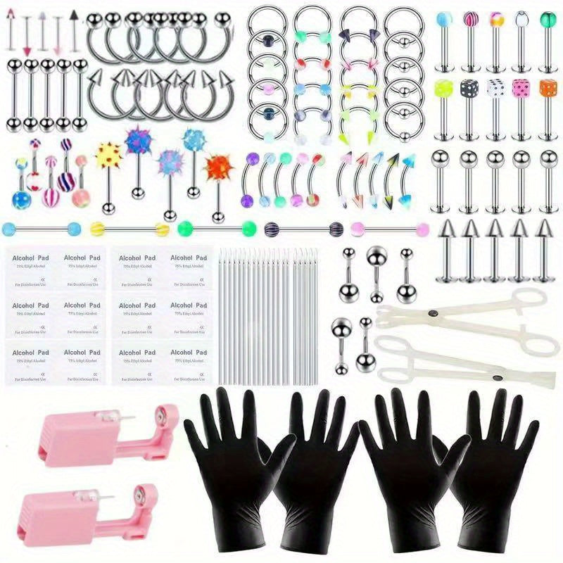 140PCS Body Piercing Kit, Made of Surgical Steel, in 14G and 16G Sizes, Including Barbell Captured Ring (BCR), Circular Captured Ring (CBR), Labret Lip Rings, Cartilage Earrings, Daith Earrings, Nose Septum Rings, Nose Studs, Belly Button Rings and O