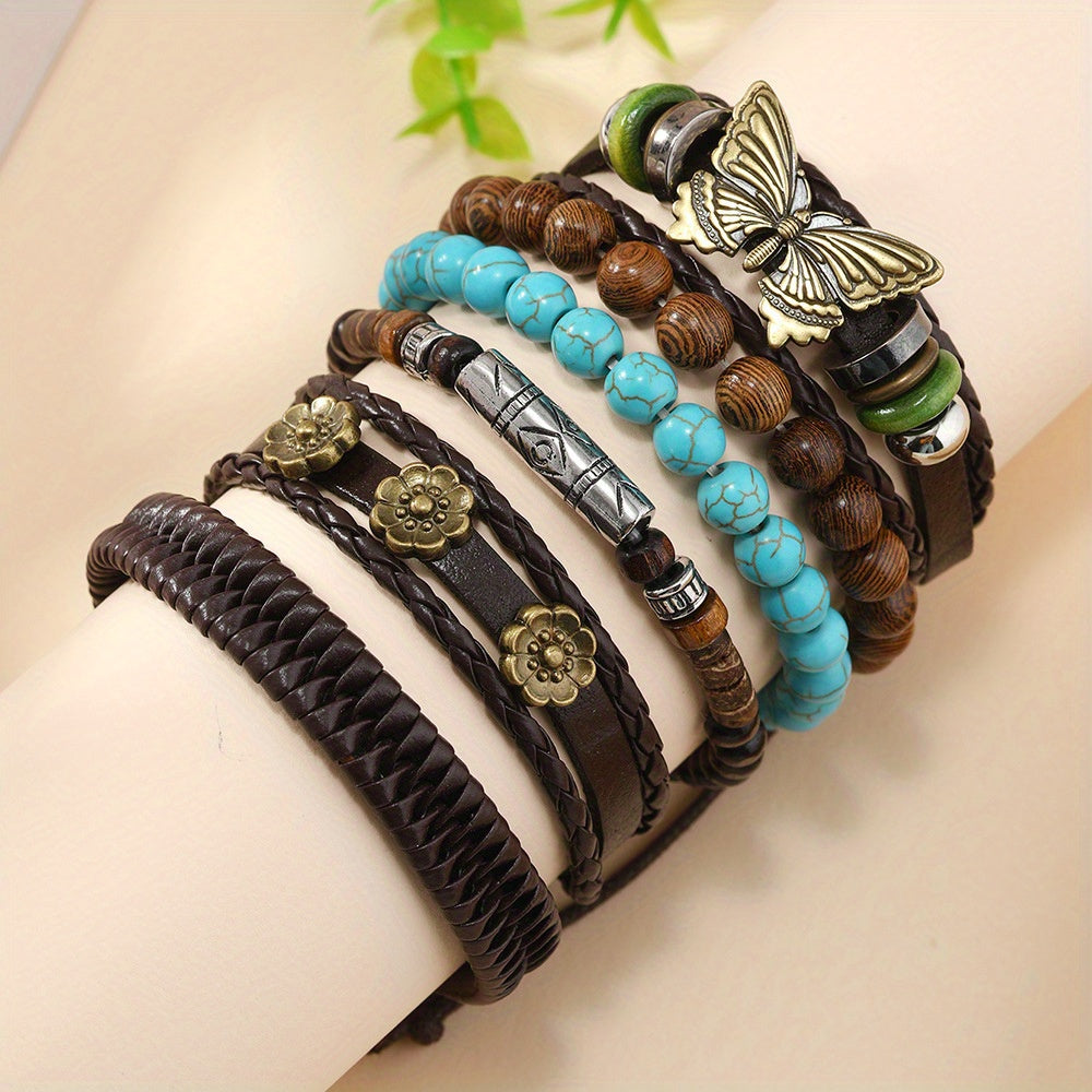 6-Piece Simple Vintage Unique Butterfly & Flower Turquoise Leather Braided Bracelets Set