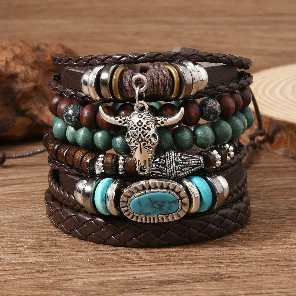 6-Piece Vintage Western Style Bull Head Turquoise & Wooden Beads Elastic Multi-Layer DIY Men's Bracelet Set