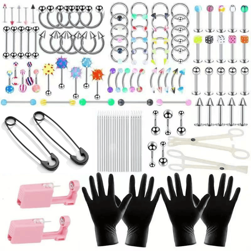 140PCS Body Piercing Kit, Made of Surgical Steel, in 14G and 16G Sizes, Including Barbell Captured Ring (BCR), Circular Captured Ring (CBR), Labret Lip Rings, Cartilage Earrings, Daith Earrings, Nose Septum Rings, Nose Studs, Belly Button Rings and O