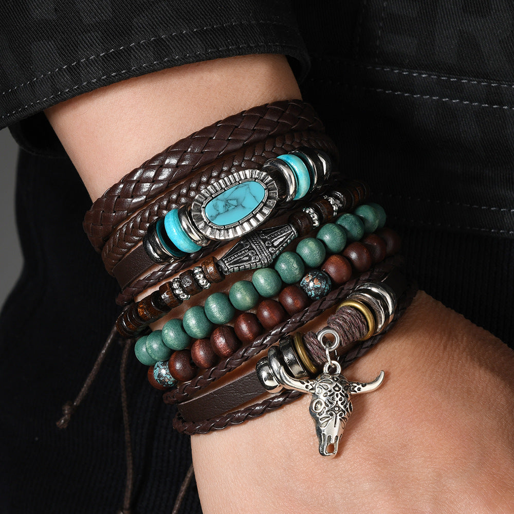 6-Piece Vintage Western Style Bull Head Turquoise & Wooden Beads Elastic Multi-Layer DIY Men's Bracelet Set