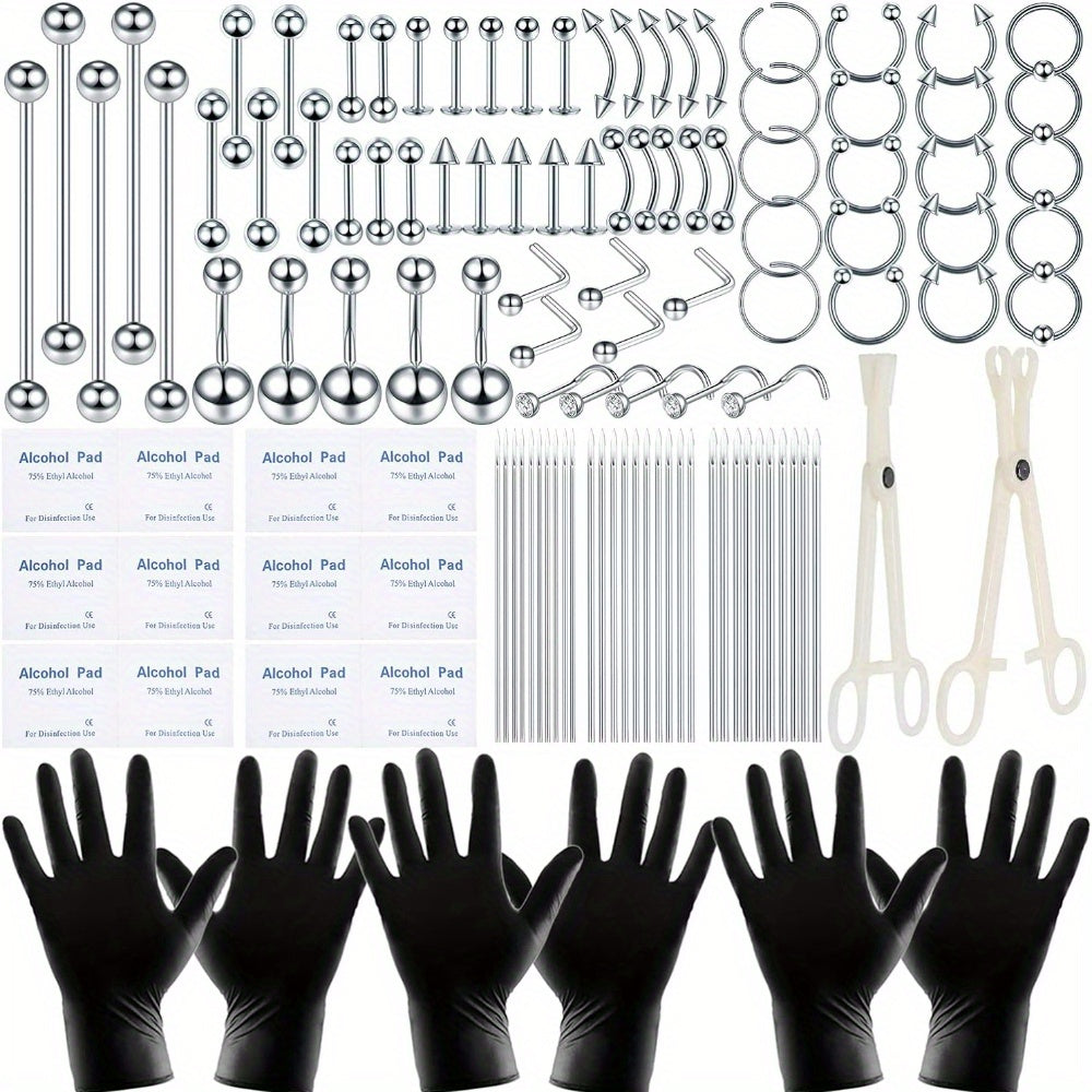 120PCS Body Piercing Kit Surgical Steel 14G 16G 20G BCR CBR Labret Lip Rings Cartilage Daith Earrings Nose Septum Nose Studs Belly Button Rings Piercing Jewelry Needles Gloves Clamps Tools