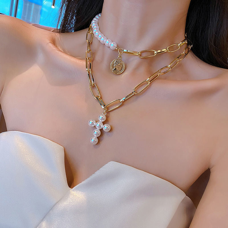 2PCS pendant pearl necklace niche retro clavicle chain light luxury high-end versatile jewelry, ladies, suitable for going out and giving gifts