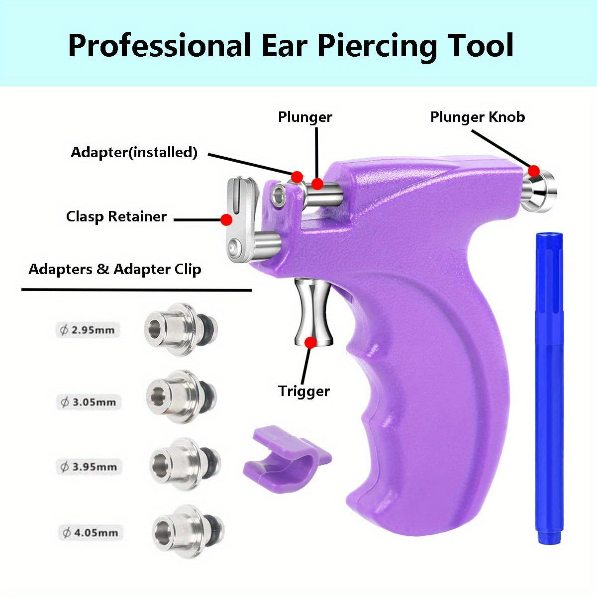 Professional ear piercing gun kit, equipped with 20 pairs of medical surgical stainless steel gun nail earrings, suitable for home use in body, nose and lip salons