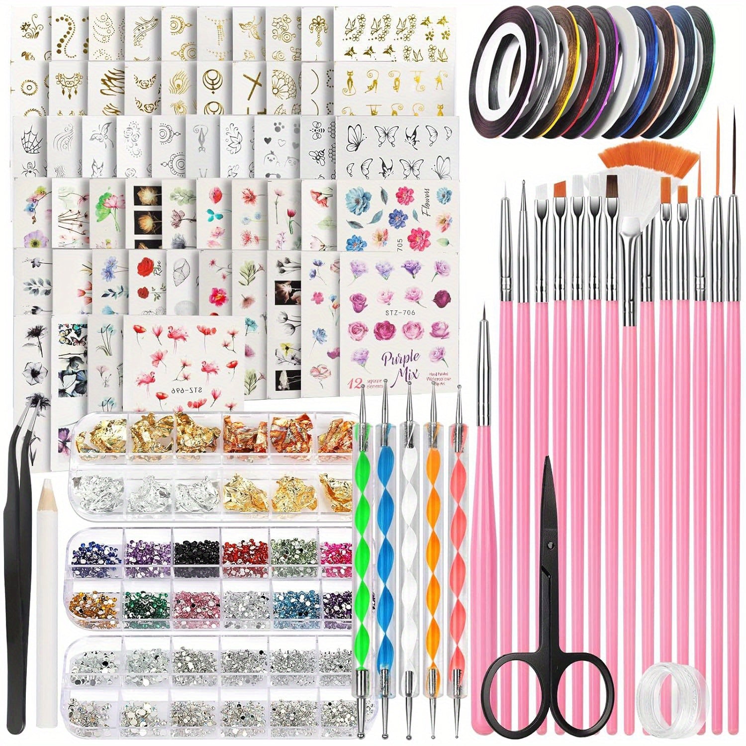Nail Art Decorations & Brushes Set, Nail Art Brushes, Dotting Tools, 54 Sheets Water Transfer Nail Art Stickers, Nail Striping Tape, Nail Foils, Rhinestones For Nails, with Tweezer & Scissors