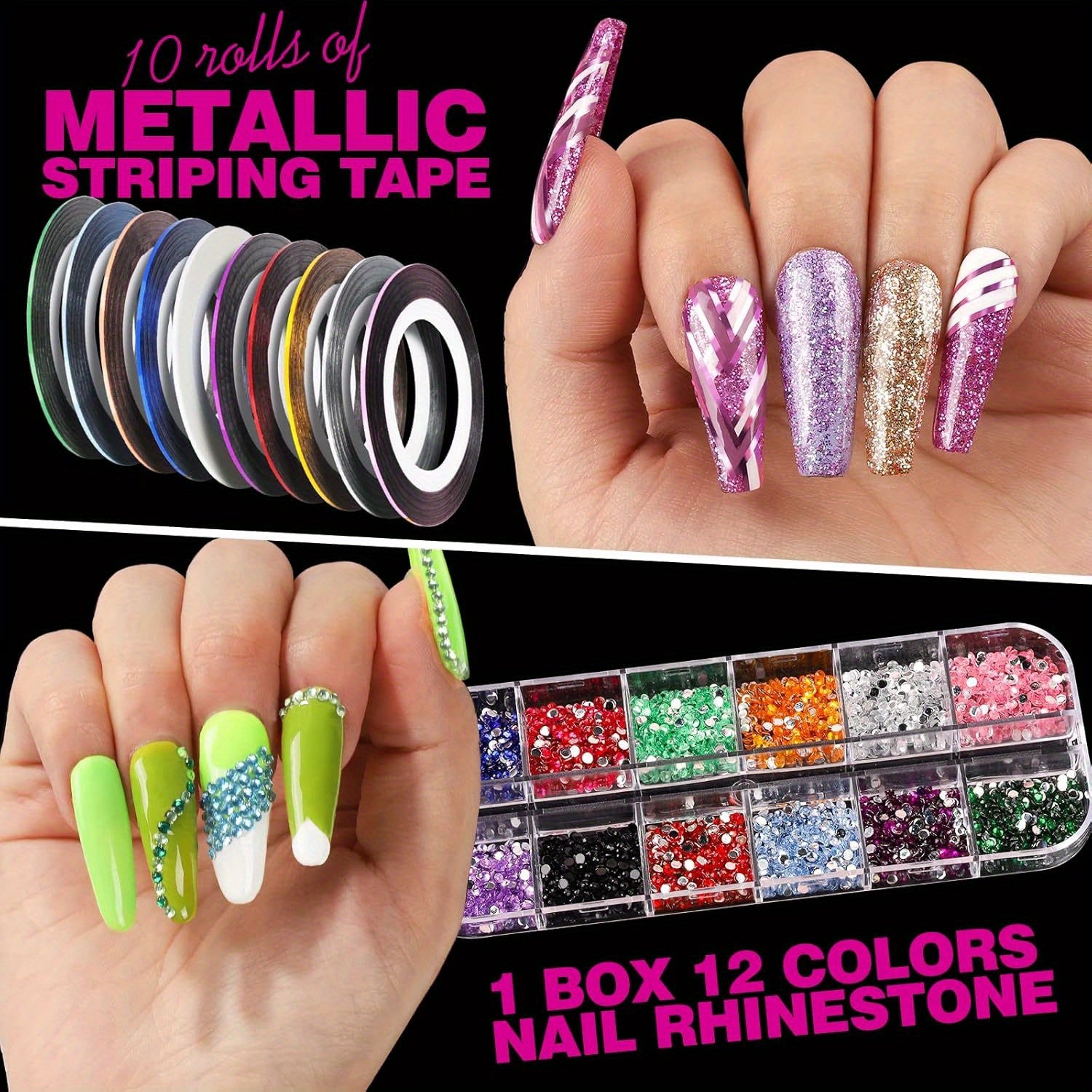 Nail Art Decorations & Brushes Set, Nail Art Brushes, Dotting Tools, 54 Sheets Water Transfer Nail Art Stickers, Nail Striping Tape, Nail Foils, Rhinestones For Nails, with Tweezer & Scissors