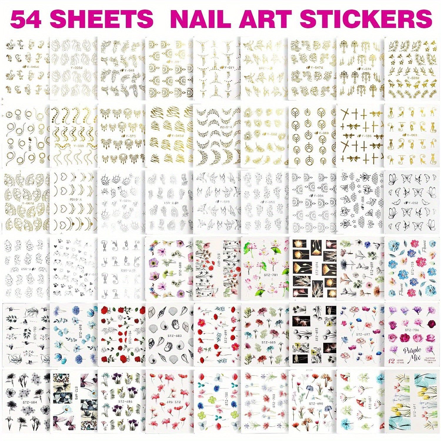 Nail Art Decorations & Brushes Set, Nail Art Brushes, Dotting Tools, 54 Sheets Water Transfer Nail Art Stickers, Nail Striping Tape, Nail Foils, Rhinestones For Nails, with Tweezer & Scissors