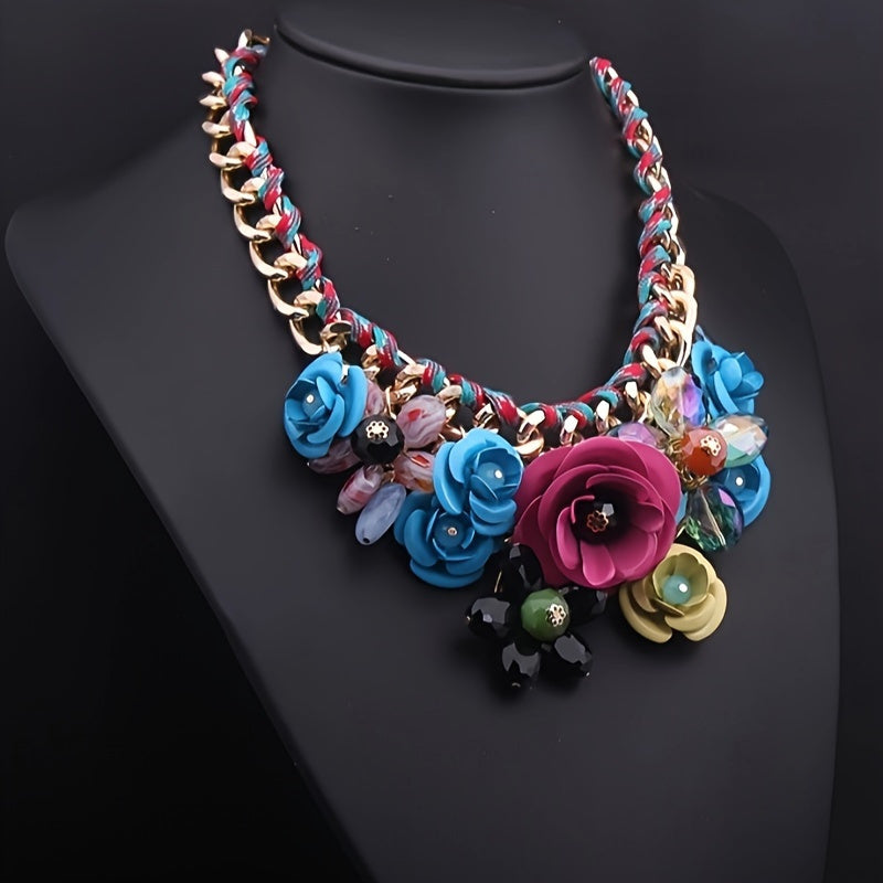1pc Bohemian Chic Floral Gem Necklace - Retro Style Colored Cord Collarbone Chain, Fashionable Women's Accessories for Christmas and Thanksgiving Gifts