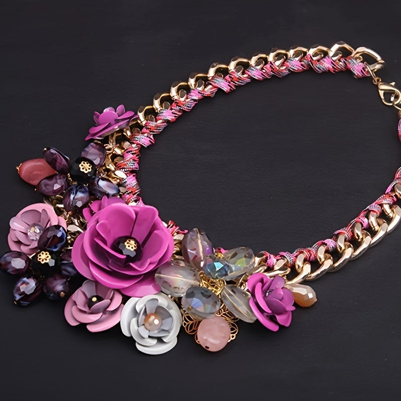 1pc Bohemian Chic Floral Gem Necklace - Retro Style Colored Cord Collarbone Chain, Fashionable Women's Accessories for Christmas and Thanksgiving Gifts