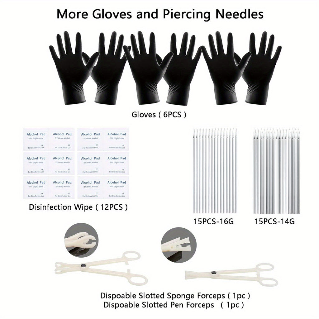 120PCS Body Piercing Kit Surgical Steel 14G 16G 20G BCR CBR Labret Lip Rings Cartilage Daith Earrings Nose Septum Nose Studs Belly Button Rings Jewelry Needles Gloves Clamps Tools