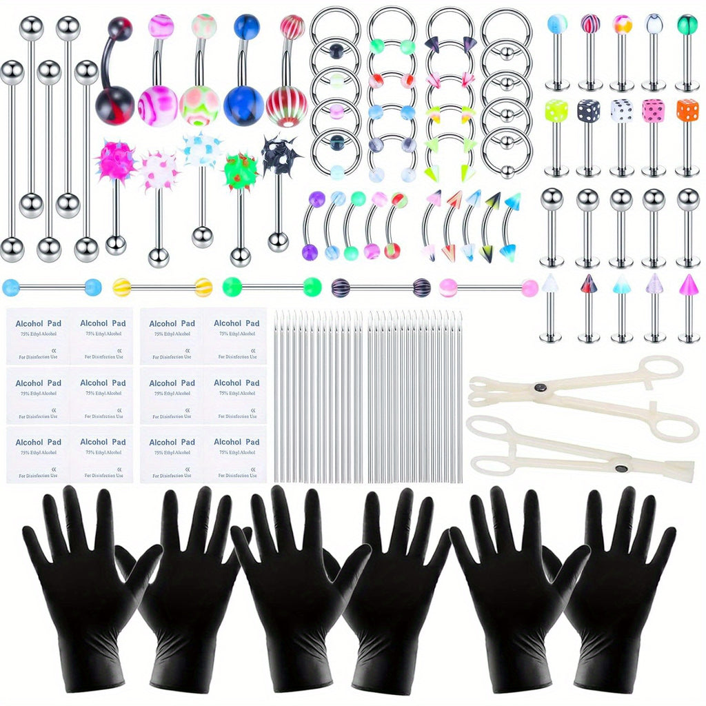 120PCS Body Piercing Kit Surgical Steel 14G 16G 20G BCR CBR Labret Lip Rings Cartilage Daith Earrings Nose Septum Nose Studs Belly Button Rings Jewelry Needles Gloves Clamps Tools