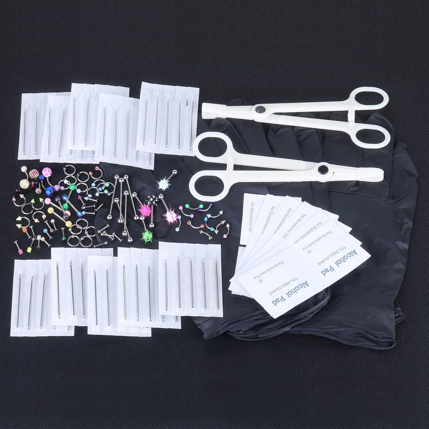 120PCS Body Piercing Kit Surgical Steel 14G 16G 20G BCR CBR Labret Lip Rings Cartilage Daith Earrings Nose Septum Nose Studs Belly Button Rings Jewelry Needles Gloves Clamps Tools