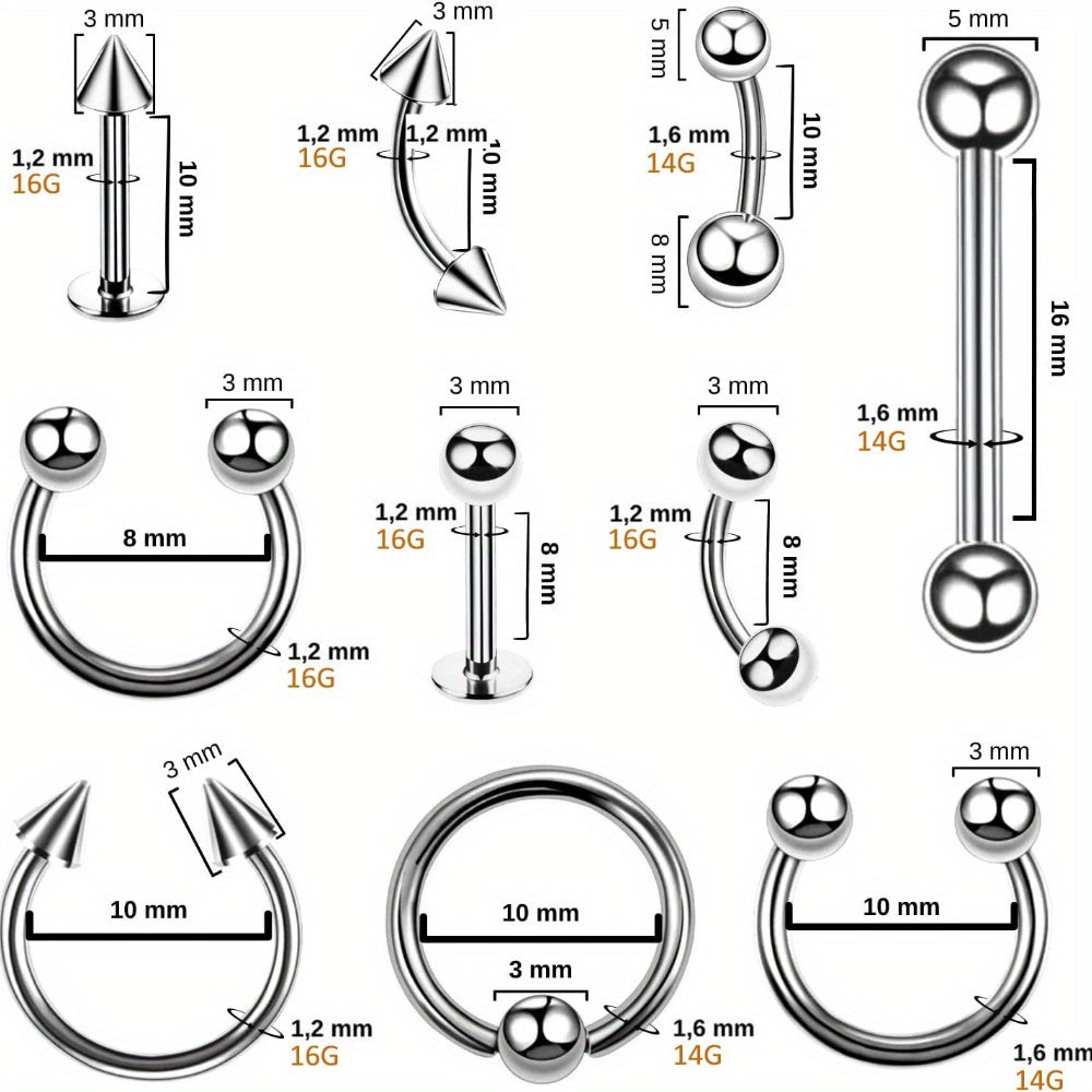 122PCS Body Piercing Kit with 14G & 16G Surgical Steel Needles, Including Barbell Captured Rings, Circular Captured Rings, Labret Studs, Lip Rings, Ear Cartilage Studs, Tragus Studs, Septum Rings, Nose Rings, Navel Rings, Two Pairs of Pliers and a Pa