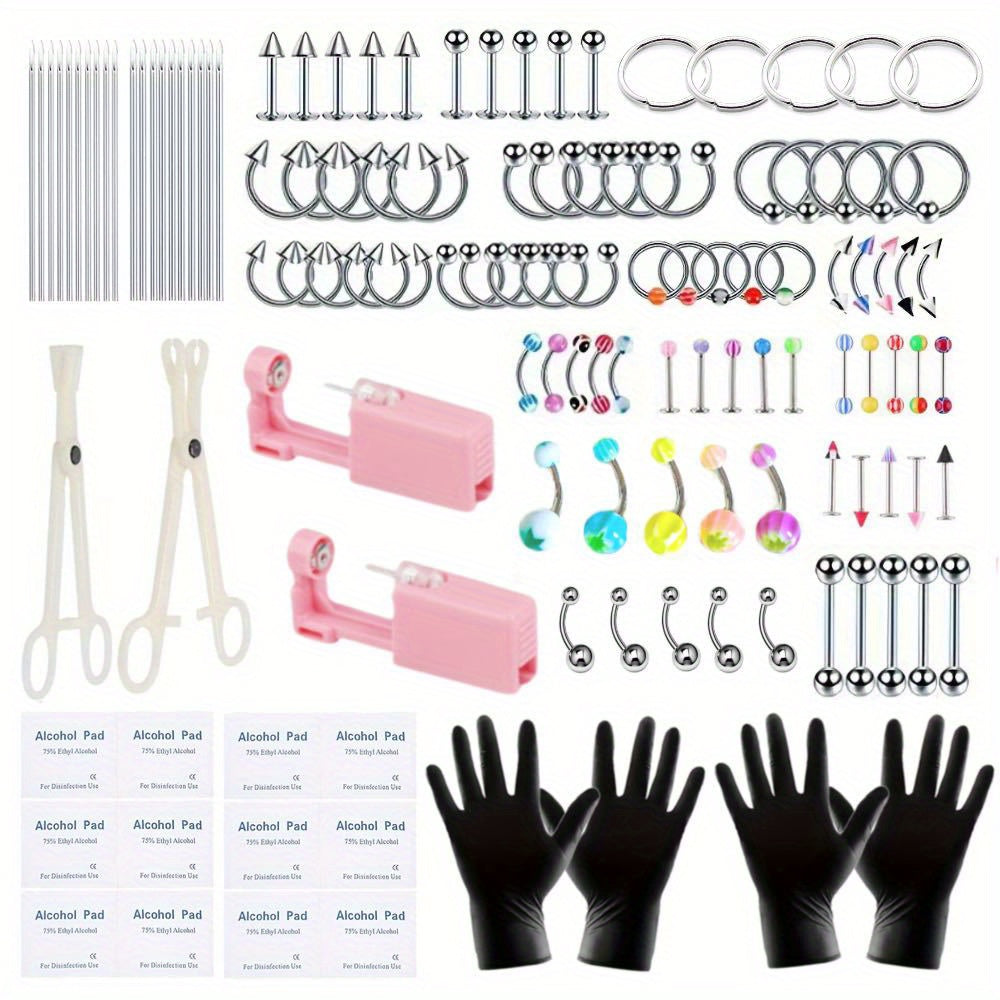135PCS Body Piercing Kit Surgical Steel 14G 16G 20G BCR CBR Labret Lip Rings Cartilage Daith Earrings Nose Septum Nose Studs Belly Button Rings Jewelry Needles Gloves Clamps Tools