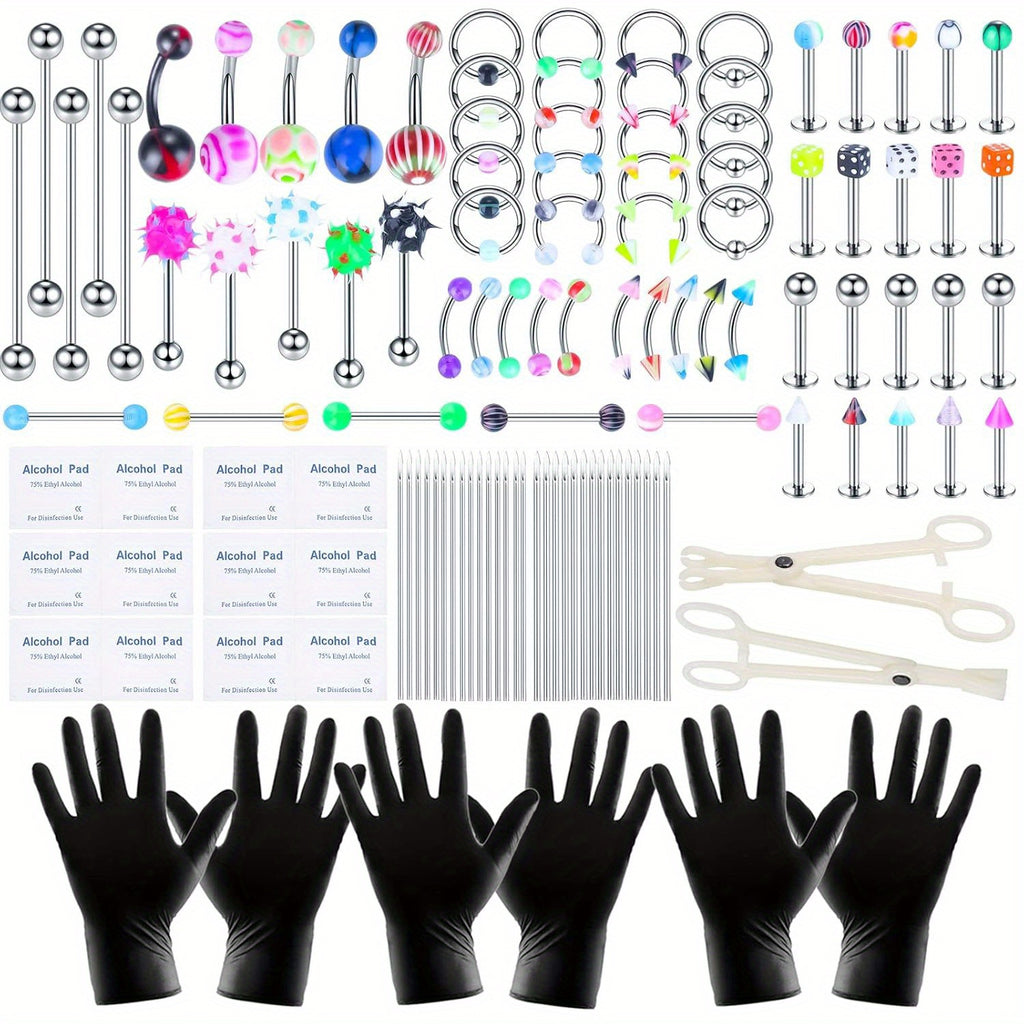 135PCS Body Piercing Kit Surgical Steel 14G 16G 20G BCR CBR Labret Lip Rings Cartilage Daith Earrings Nose Septum Nose Studs Belly Button Rings Jewelry Needles Gloves Clamps Tools