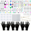 135PCS Body Piercing Kit Surgical Steel 14G 16G 20G BCR CBR Labret Lip Rings Cartilage Daith Earrings Nose Septum Nose Studs Belly Button Rings Jewelry Needles Gloves Clamps Tools