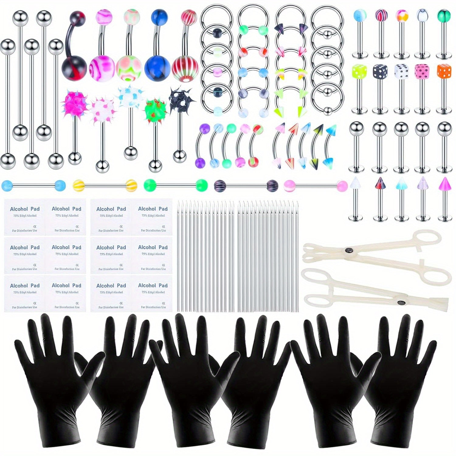 135PCS Body Piercing Kit Surgical Steel 14G 16G 20G BCR CBR Labret Lip Rings Cartilage Daith Earrings Nose Septum Nose Studs Belly Button Rings Jewelry Needles Gloves Clamps Tools