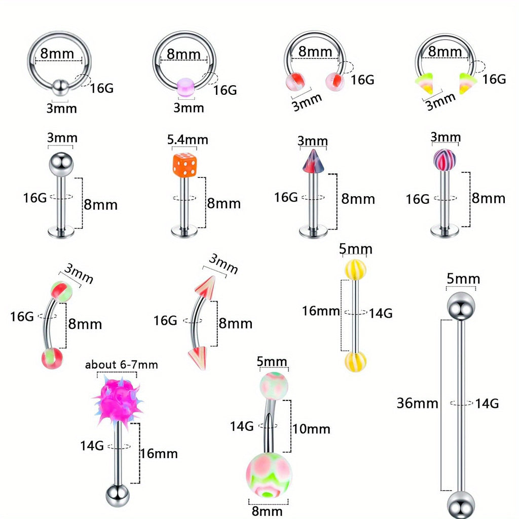 160PCS colorful body piercing super set, ear piercing gun set, a pair of pink piercers, including 10 pairs of earrings, 14G and 16G steel needles, barbell capture rings, dice tongue studs, circular capture rings (CBR), labret lip rings, cartilage
