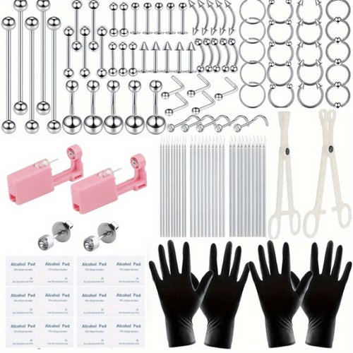 120PCS DIY Piercing with Pink Earrings body Piercing Kit Surgical Steel 14G 16G 20G BCR CBR Labret Lip Rings Cartilage Daith Earrings Nose Septum Nose Studs Belly Button Rings Jewelry Needles Gloves Clamps Tools