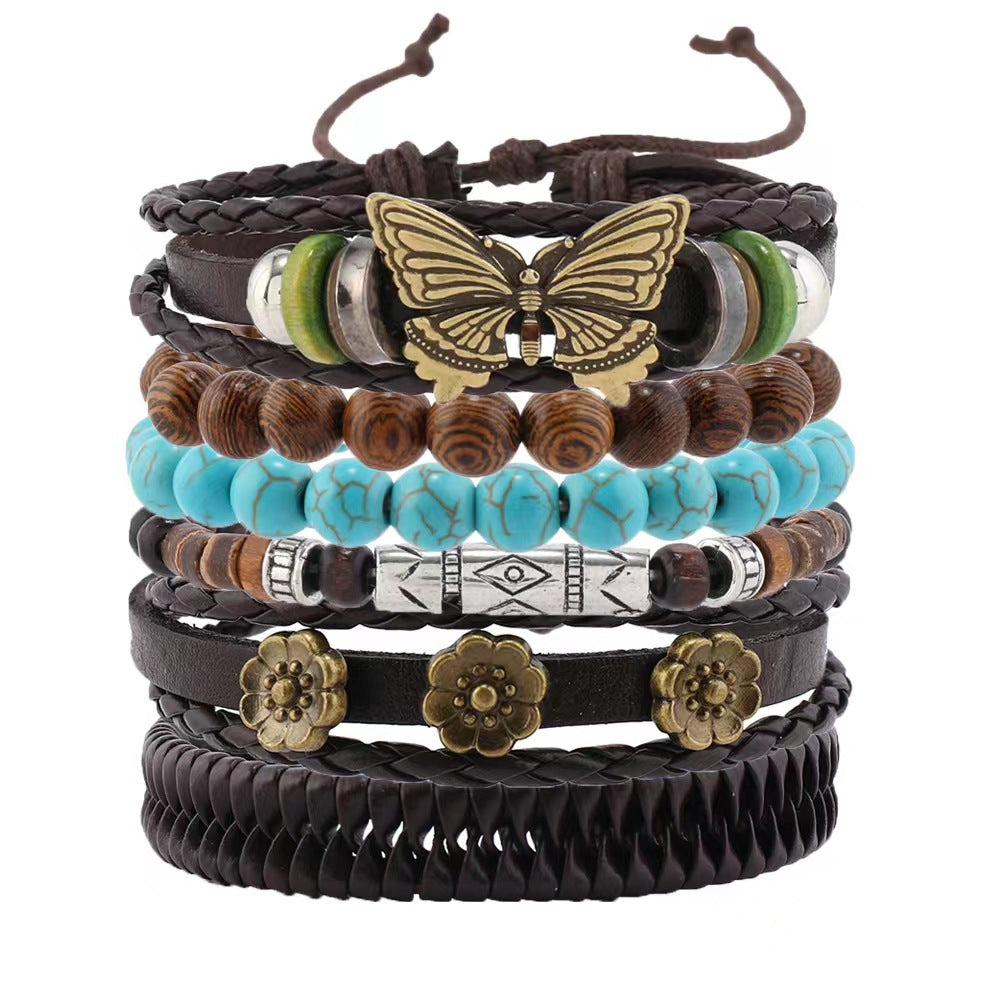 6-Piece Simple Vintage Unique Butterfly & Flower Turquoise Leather Braided Bracelets Set
