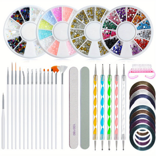 10-Piece Nail Art Kit with Nail Brushes, Files, Drill & Rhinestones for Professional Manicure Pedicure at Home