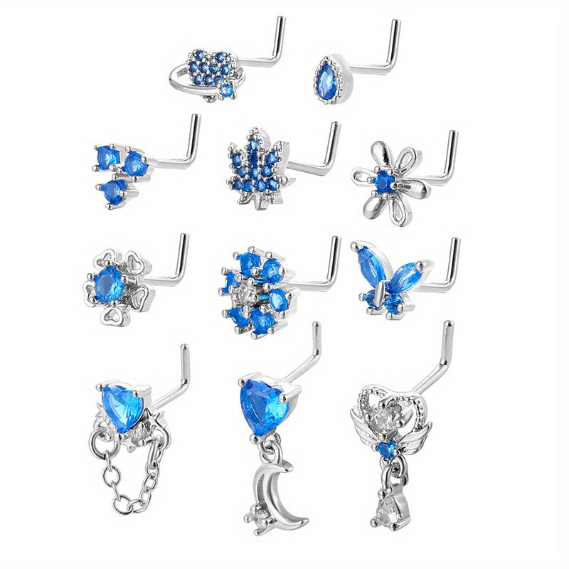 11PCS L-Shaped Nose Stud | 2025 New Design Copper Piercing Jewelry with Micro-Pave Zirconia, Perfect Gift for Birthdays, Parties, Dating & All Occasions