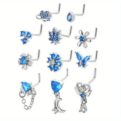 11PCS L-Shaped Nose Stud | 2025 New Design Copper Piercing Jewelry with Micro-Pave Zirconia, Perfect Gift for Birthdays, Parties, Dating & All Occasions