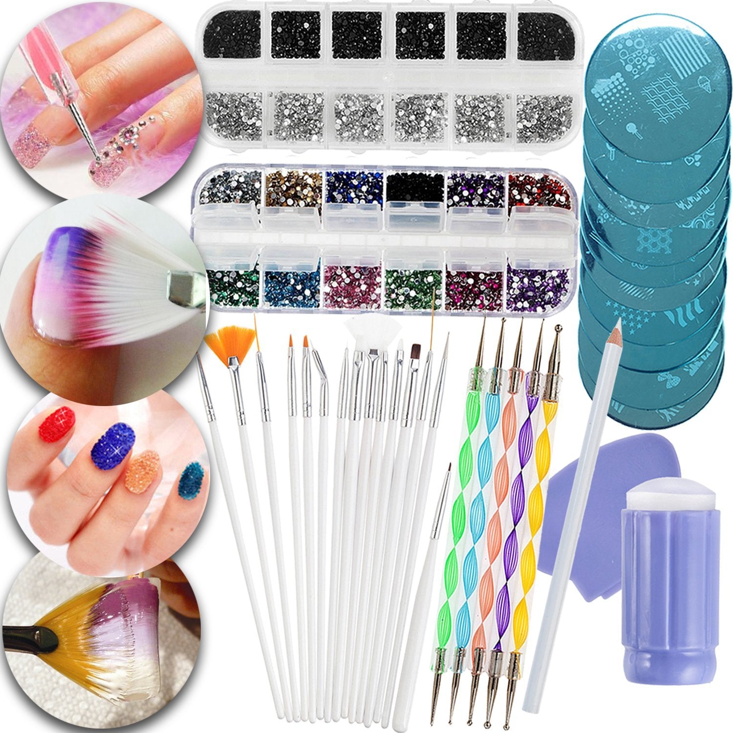 VAGA Manicure Set Nail Art Supplies Nail Kit 2 Boxes of 1500 Gemstones, Crystals, Gems, Stampers Scrapers, Stamping Plates, Dotting Tools, Nails Brushes and Rhinestones Decorations Picker Pencil