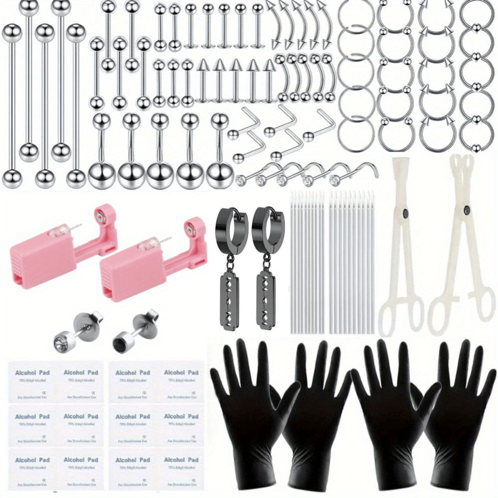 122PCS Body Piercing Kit with 14G & 16G Surgical Steel Needles, Including Barbell Captured Rings, Circular Captured Rings, Labret Studs, Lip Rings, Ear Cartilage Studs, Tragus Studs, Septum Rings, Nose Rings, Navel Rings, Two Pairs of Pliers and a Pa