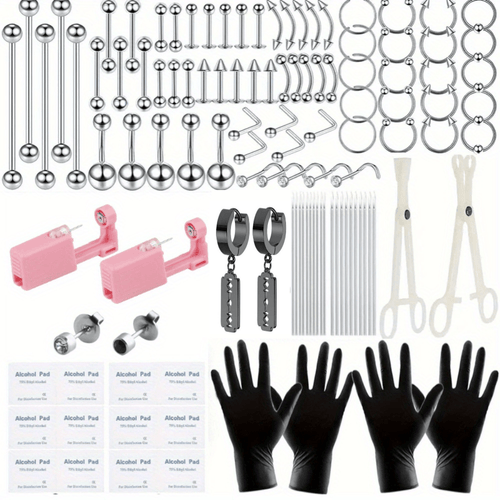 122PCS Body Piercing Kit with 14G & 16G Surgical Steel Needles, Including Barbell Captured Rings, Circular Captured Rings, Labret Studs, Lip Rings, Ear Cartilage Studs, Tragus Studs, Septum Rings, Nose Rings, Navel Rings, Two Pairs of Pliers and a Pa