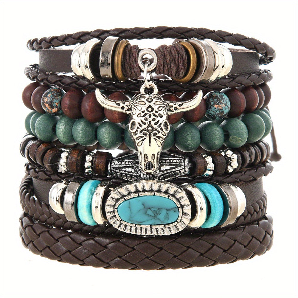 6-Piece Vintage Western Style Bull Head Turquoise & Wooden Beads Elastic Multi-Layer DIY Men's Bracelet Set