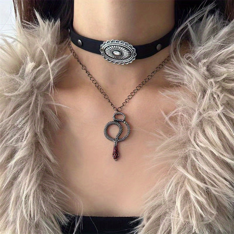 2PCS Punk Style Double-Layer Snake Leather Choker Necklace - Trendy and Edgy Unisex Snake Year Collar Chain for Women, Perfect for Sweet and Cool Look - Stylish Layered Necklace for Fashion Lovers.