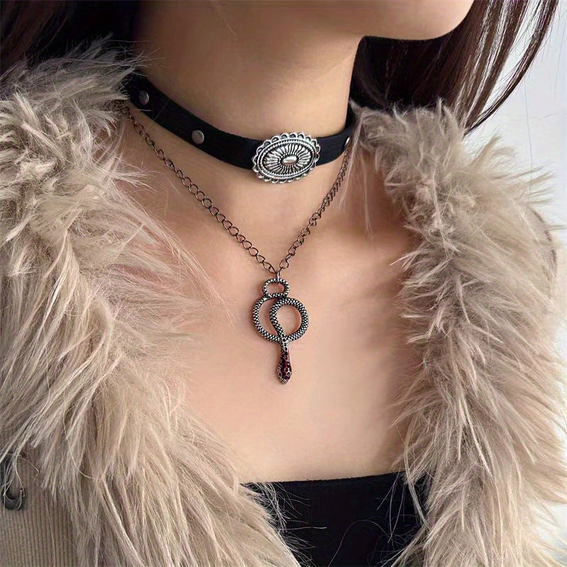 2PCS Punk Style Double-Layer Snake Leather Choker Necklace - Trendy and Edgy Unisex Snake Year Collar Chain for Women, Perfect for Sweet and Cool Look - Stylish Layered Necklace for Fashion Lovers.