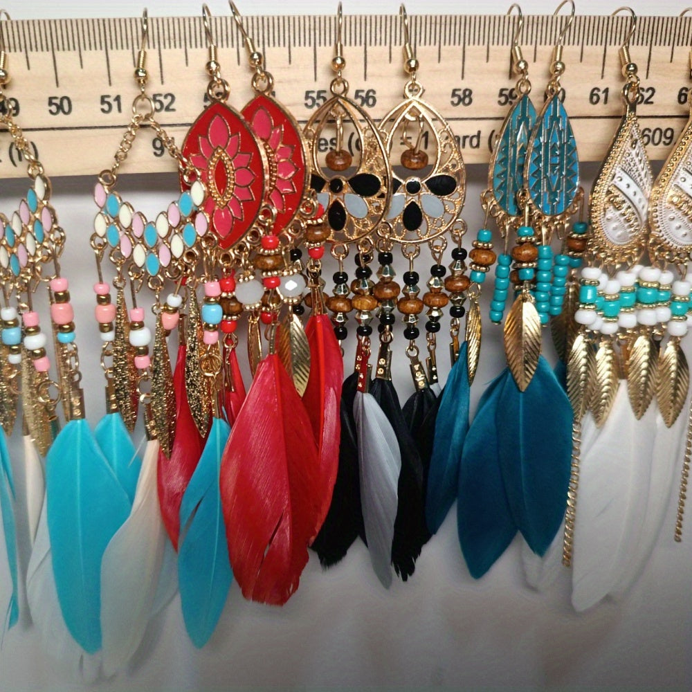 5 Pairs Bohemian Ethnic Feather Dangle Earrings Versatile Stylish Accessories for Vacation Dating & Festival Adventures