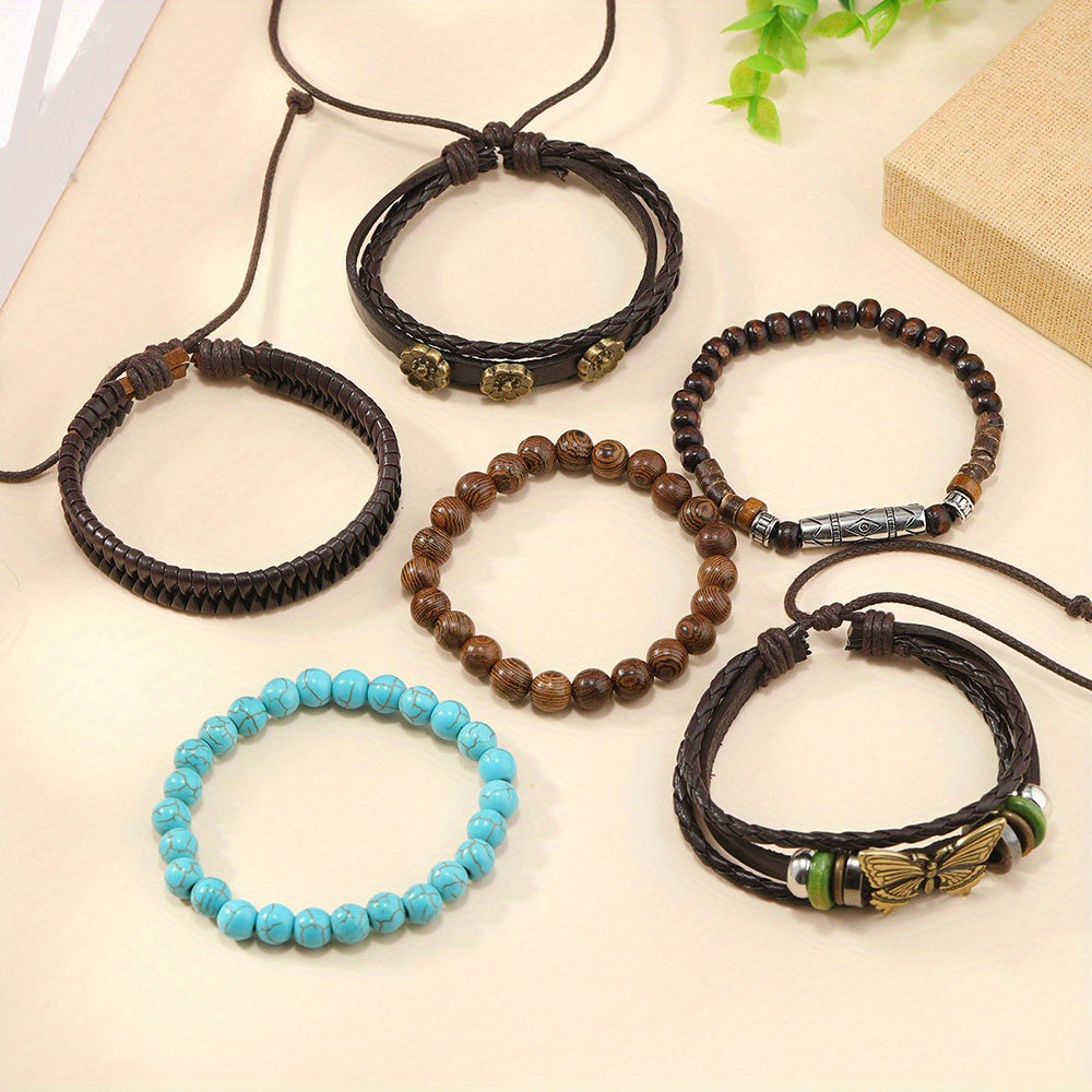 6-Piece Simple Vintage Unique Butterfly & Flower Turquoise Leather Braided Bracelets Set