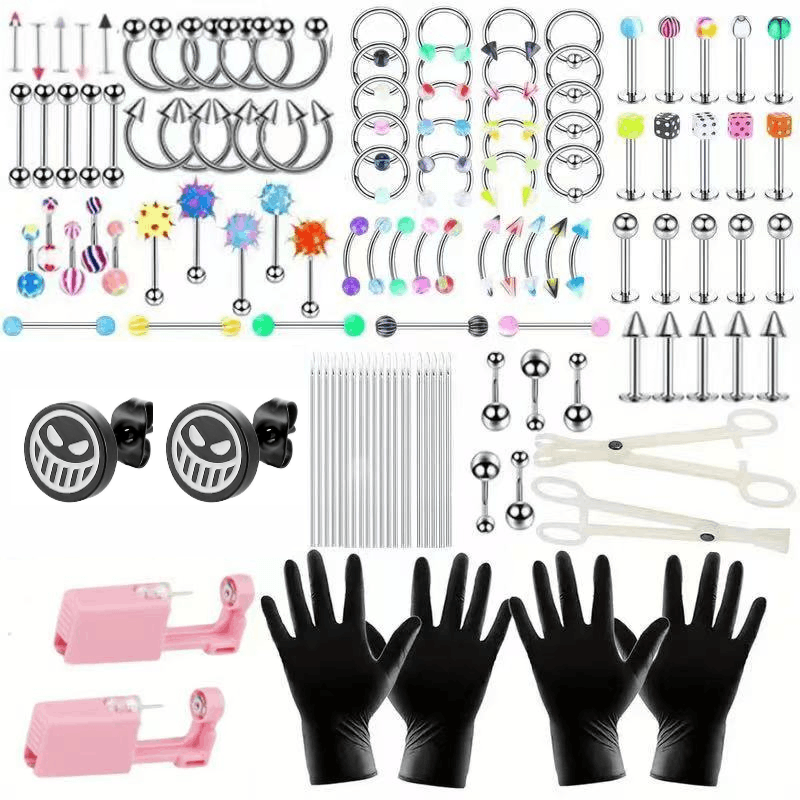 140PCS Body Piercing Kit - 14G & 16G Surgical Steel Piercing Jewelry Set - Includes BCR, CBR, Labret Rings, Cartilage Earrings, Daith Rings, Nose Septum Rings, Nose Studs, Belly Button Rings, Smiley Piercing, and More - Professional Body Jewelry Kit