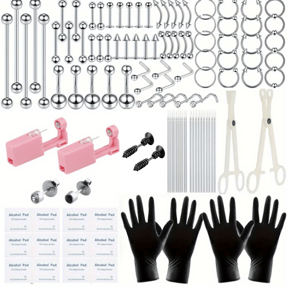 126PCS Body Piercing Kit - 14G & 16G Surgical Steel Needles - Includes Barbell Captive Rings, Circular Captive Rings, Labret Studs, Lip Rings, Cartilage Studs, Tragus Studs, Septum Rings, Nose Rings, Belly Button Rings, and Screw-On Earrings - Profes
