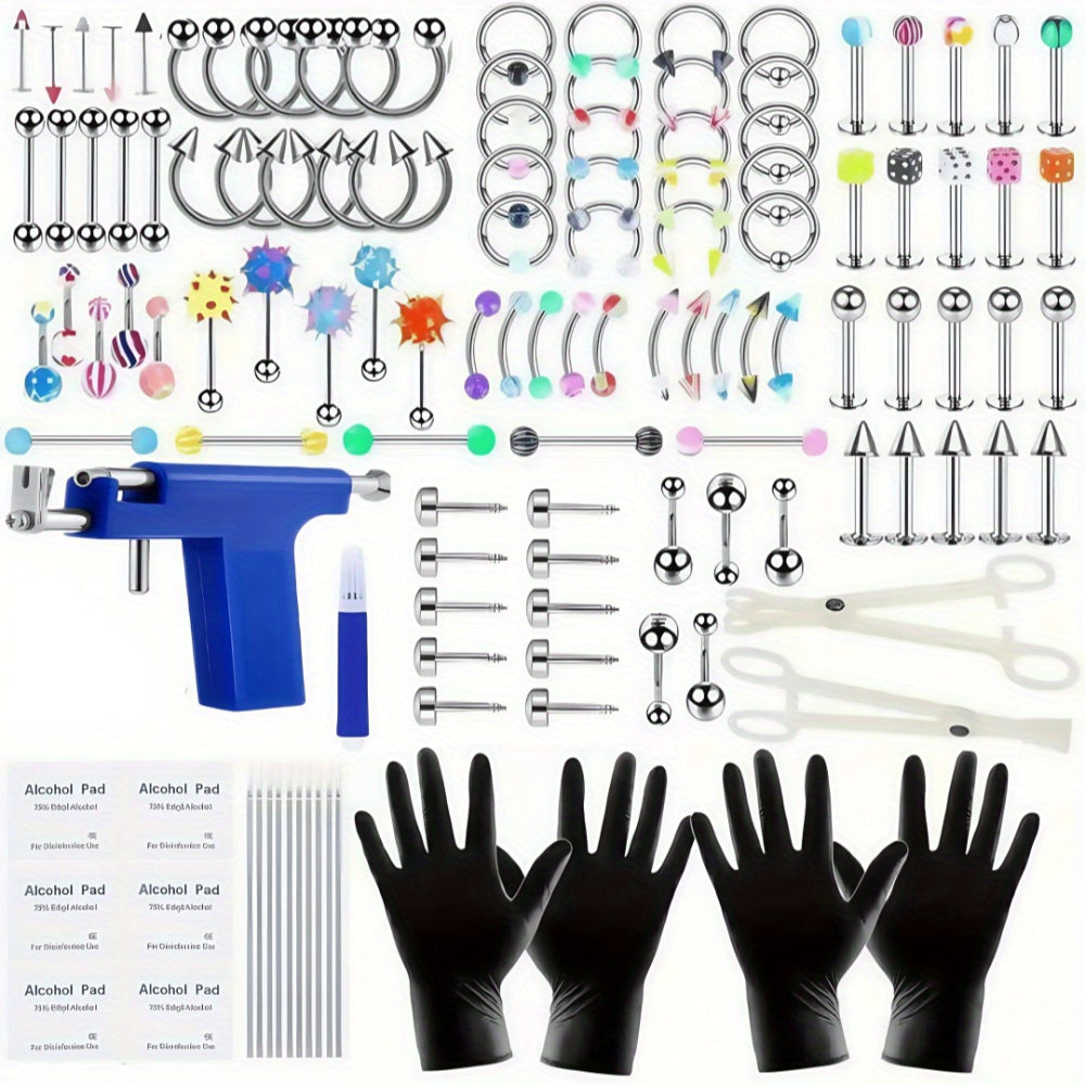 156PCS colorful body piercing kit, earring piercing gun set, including 10 earrings, 14G and 16G steel needles, barbell capture ring (BCR), circular capture ring (CBR), Labret lip ring, cartilage earrings, Daisy earrings, septum rings, nose nails