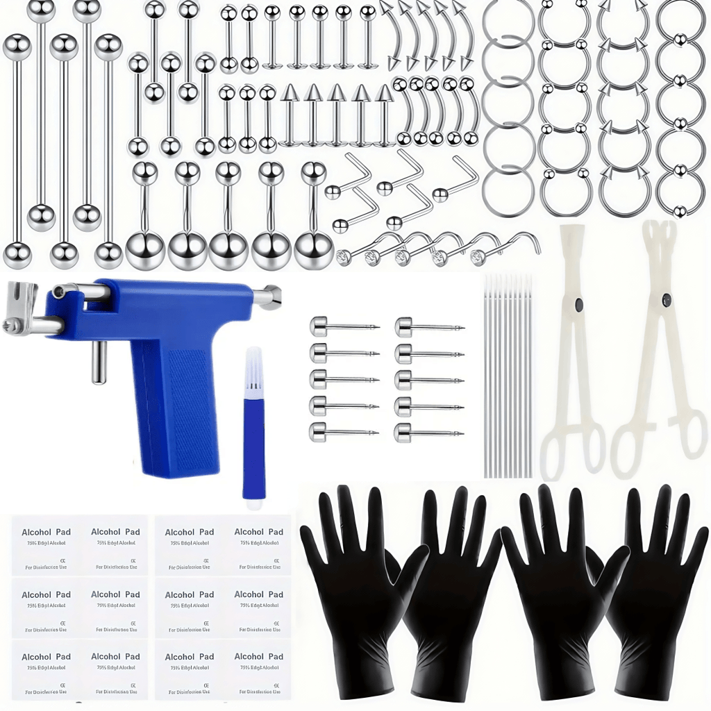 124PCS Body shape kit, earring piercing set, 10 earrings with 14G and 16G surgical steel needles, includes barbell earring rings, round earring rings, Labret studs, lip rings, ear care studs, tragus Stud, air ring, nose ring, belly button ring