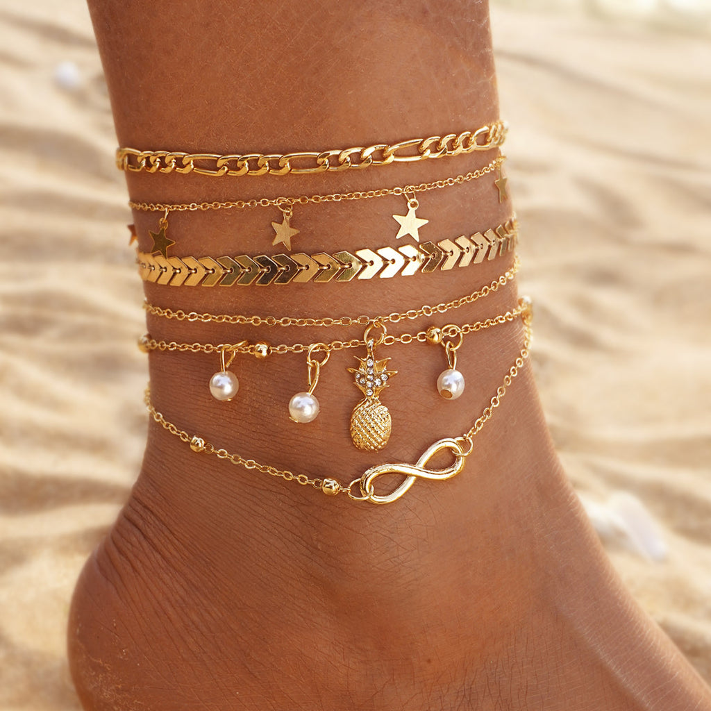 5PCS Beach Metal Pineapple Pearl Anklet Set Vintage Multi-Layer Pendant Girls High-End Foot Jewelry