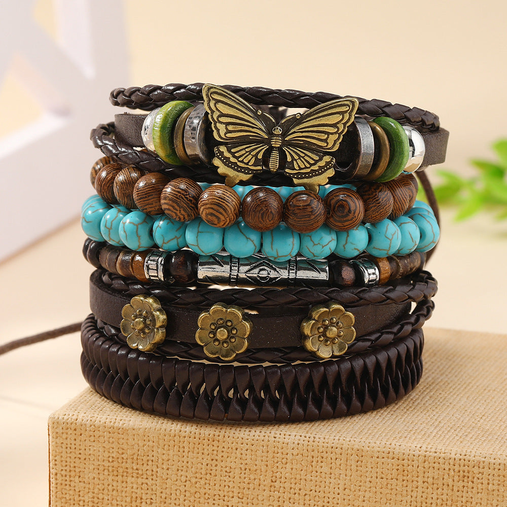 6-Piece Simple Vintage Unique Butterfly & Flower Turquoise Leather Braided Bracelets Set