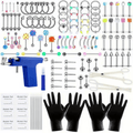 156PCS colorful body piercing kit, earring piercing gun set, including 10 earrings, 14G and 16G steel needles, barbell capture ring (BCR), circular capture ring (CBR), Labret lip ring, cartilage earrings, Daisy earrings, septum rings, nose nails