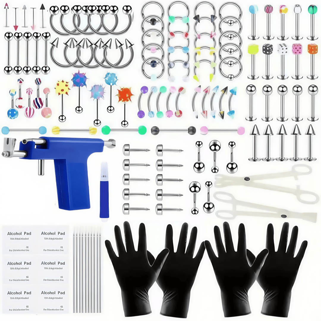 156PCS colorful body piercing kit, earring piercing gun set, including 10 earrings, 14G and 16G steel needles, barbell capture ring (BCR), circular capture ring (CBR), Labret lip ring, cartilage earrings, Daisy earrings, septum rings, nose nails