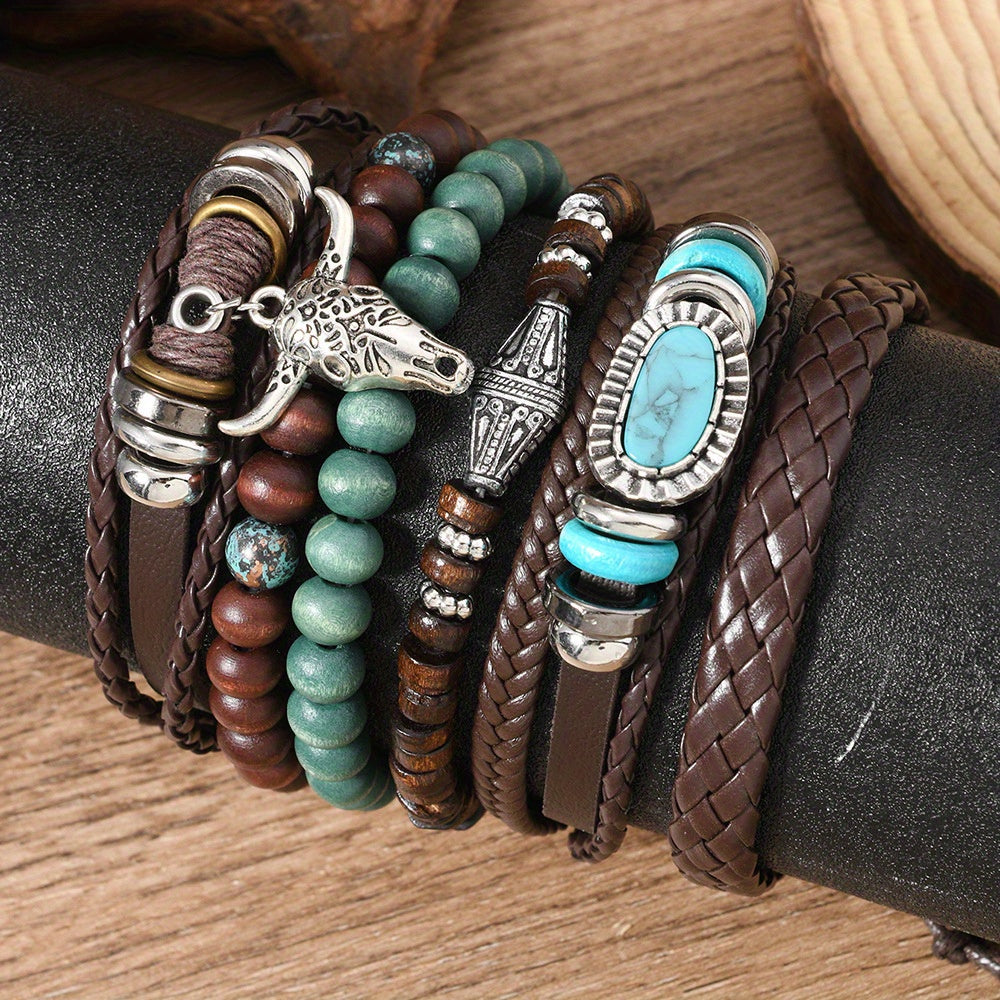 6-Piece Vintage Western Style Bull Head Turquoise & Wooden Beads Elastic Multi-Layer DIY Men's Bracelet Set