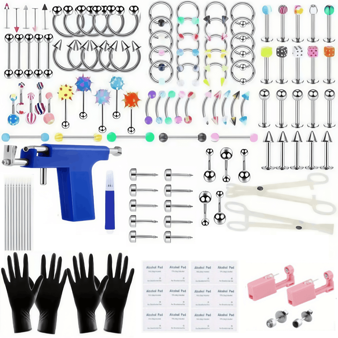 160PCS colorful body piercing kit, earring piercing gun set, including 10 earrings, 14G and 16G steel needles, barbell capture ring (BCR), circular capture ring (CBR), Labret lip ring, cartilage earrings, Daisy earrings, septum rings, nose nails