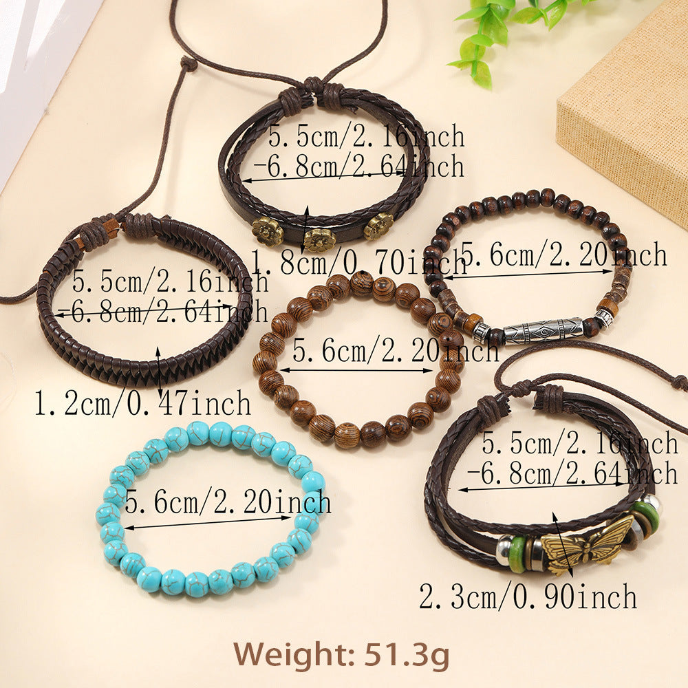 6-Piece Simple Vintage Unique Butterfly & Flower Turquoise Leather Braided Bracelets Set