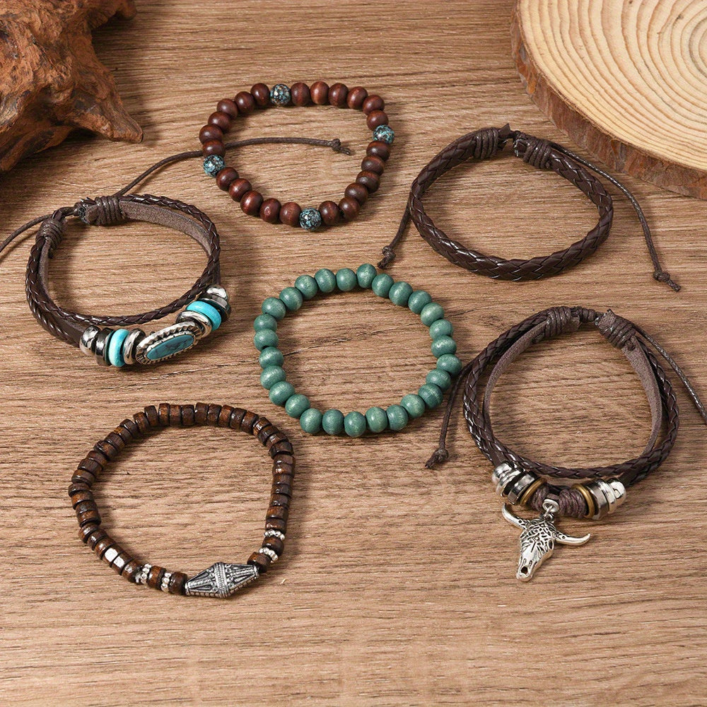 6-Piece Vintage Western Style Bull Head Turquoise & Wooden Beads Elastic Multi-Layer DIY Men's Bracelet Set