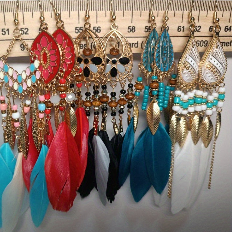 5 Pairs Bohemian Ethnic Feather Dangle Earrings Versatile Stylish Accessories for Vacation Dating & Festival Adventures