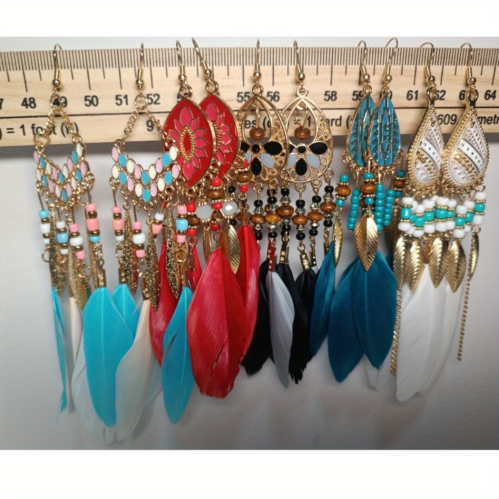 5 Pairs Bohemian Ethnic Feather Dangle Earrings Versatile Stylish Accessories for Vacation Dating & Festival Adventures