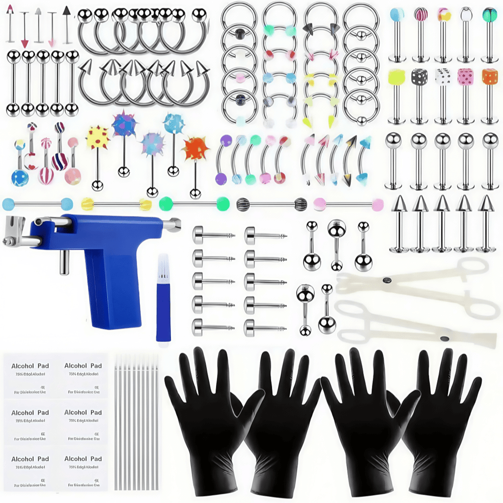 156PCS colorful body piercing kit, earring piercing gun set, including 10 earrings, 14G and 16G steel needles, barbell capture ring (BCR), circular capture ring (CBR), Labret lip ring, cartilage earrings, Daisy earrings, septum rings, nose nails